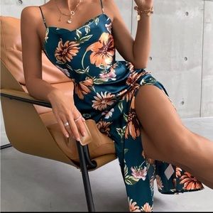 Shein Floral Draped Neck Split Thigh Satin Dress